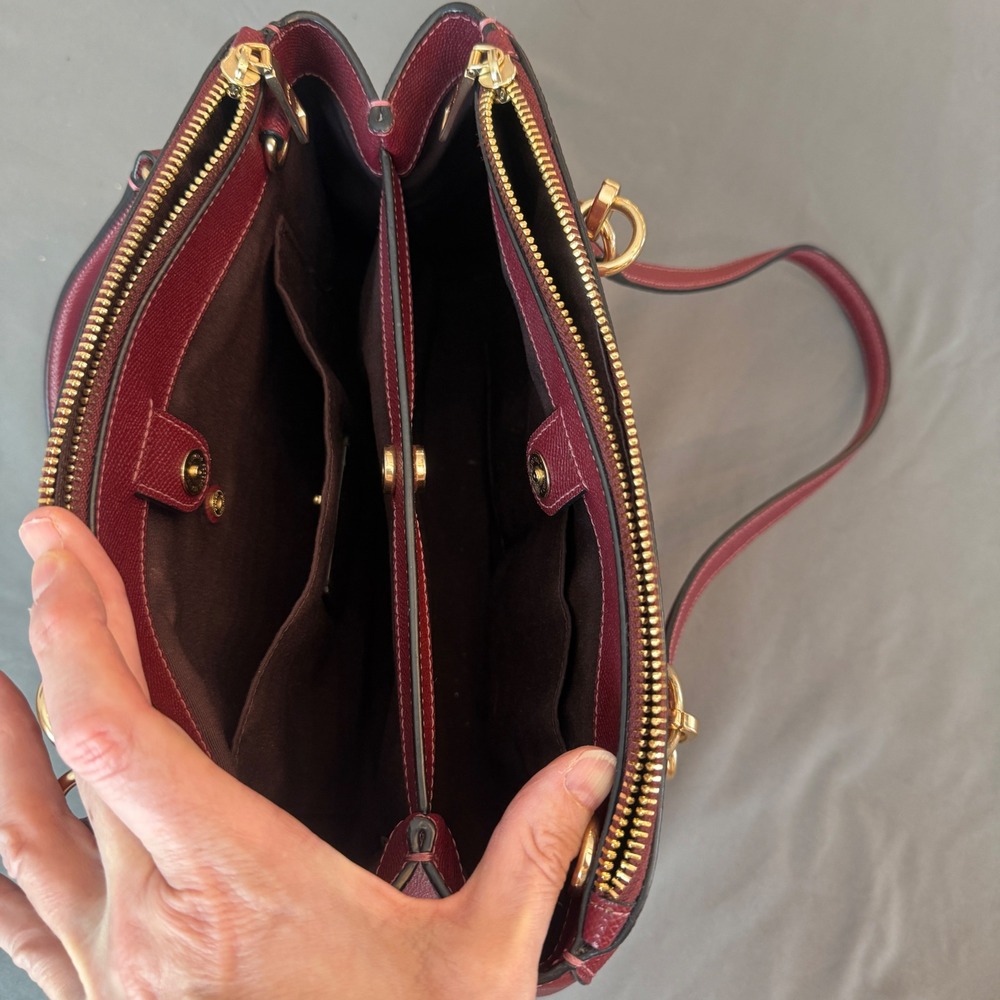 Coach Burgundy ETTA Carryall Crossgrain Leather Triple Zip Gold Hardware Handbag - Picture 11 of 12